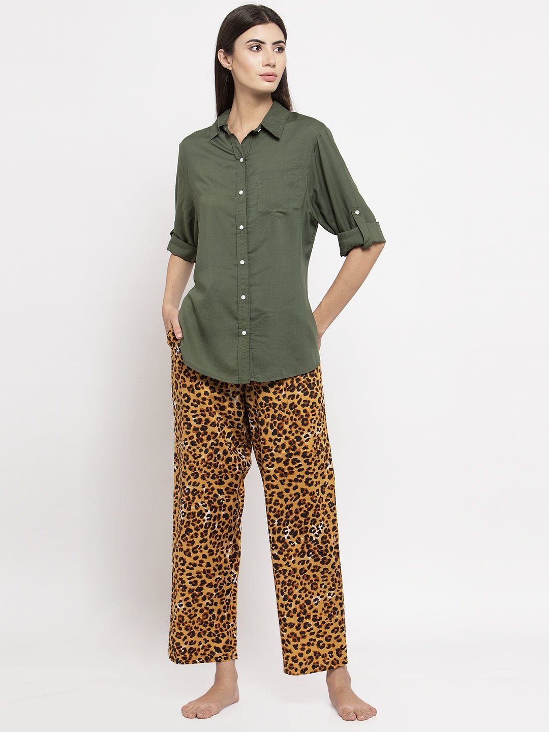 Women Olive Loose Fit Night Suit Set