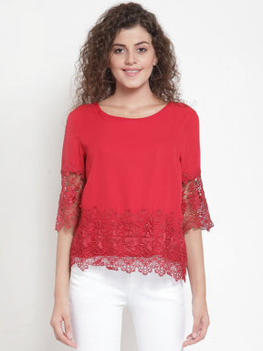 Women Solid Maroon Top With Lace Detail