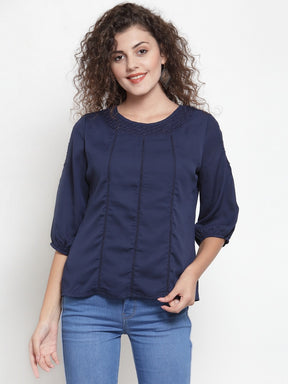 Women Navy Blue Crotchet Detail Top