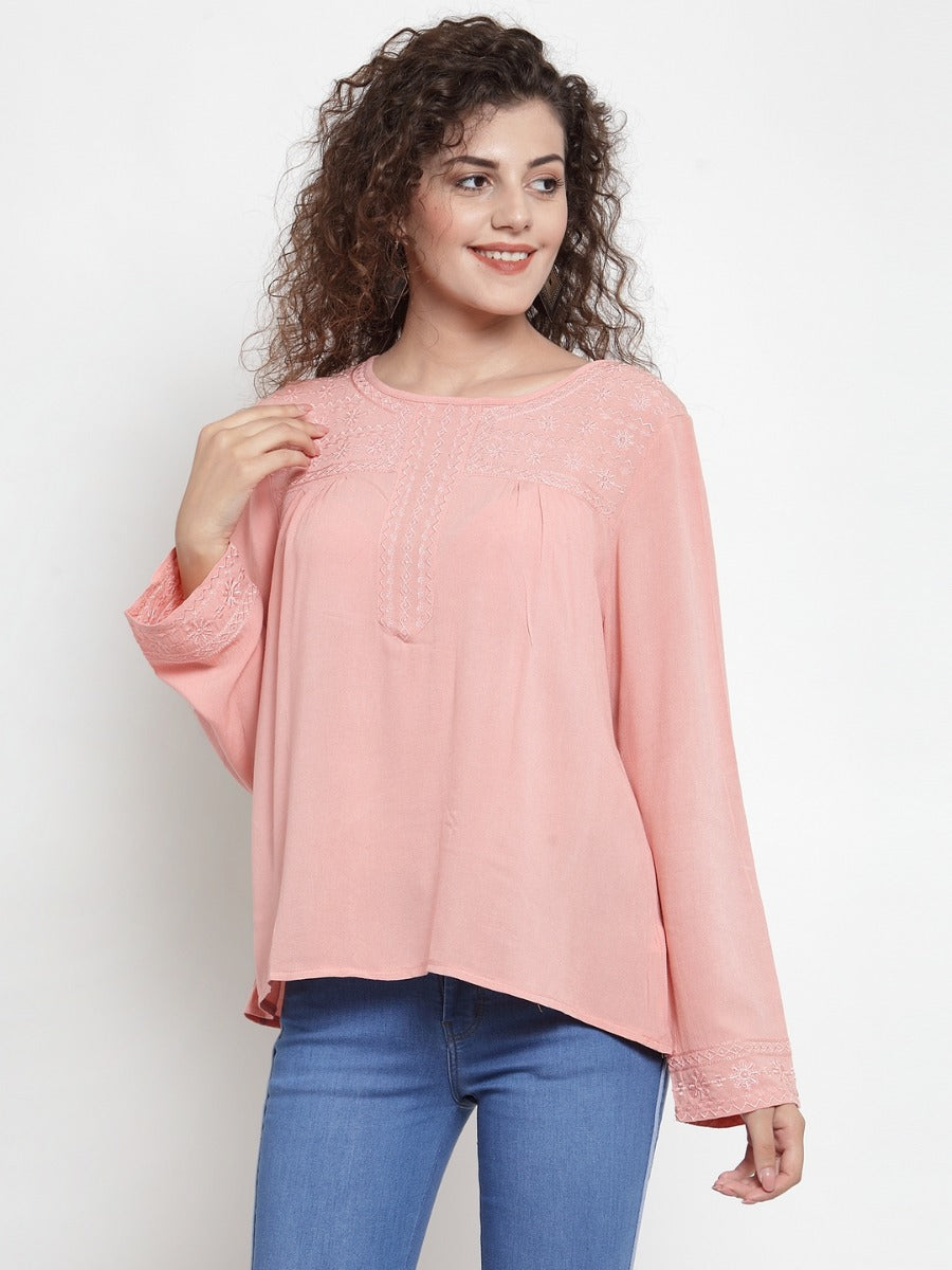 Women Pink Chikan Embroidered Top