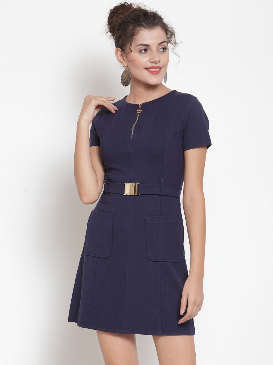 women navy blue shift dress with pockets