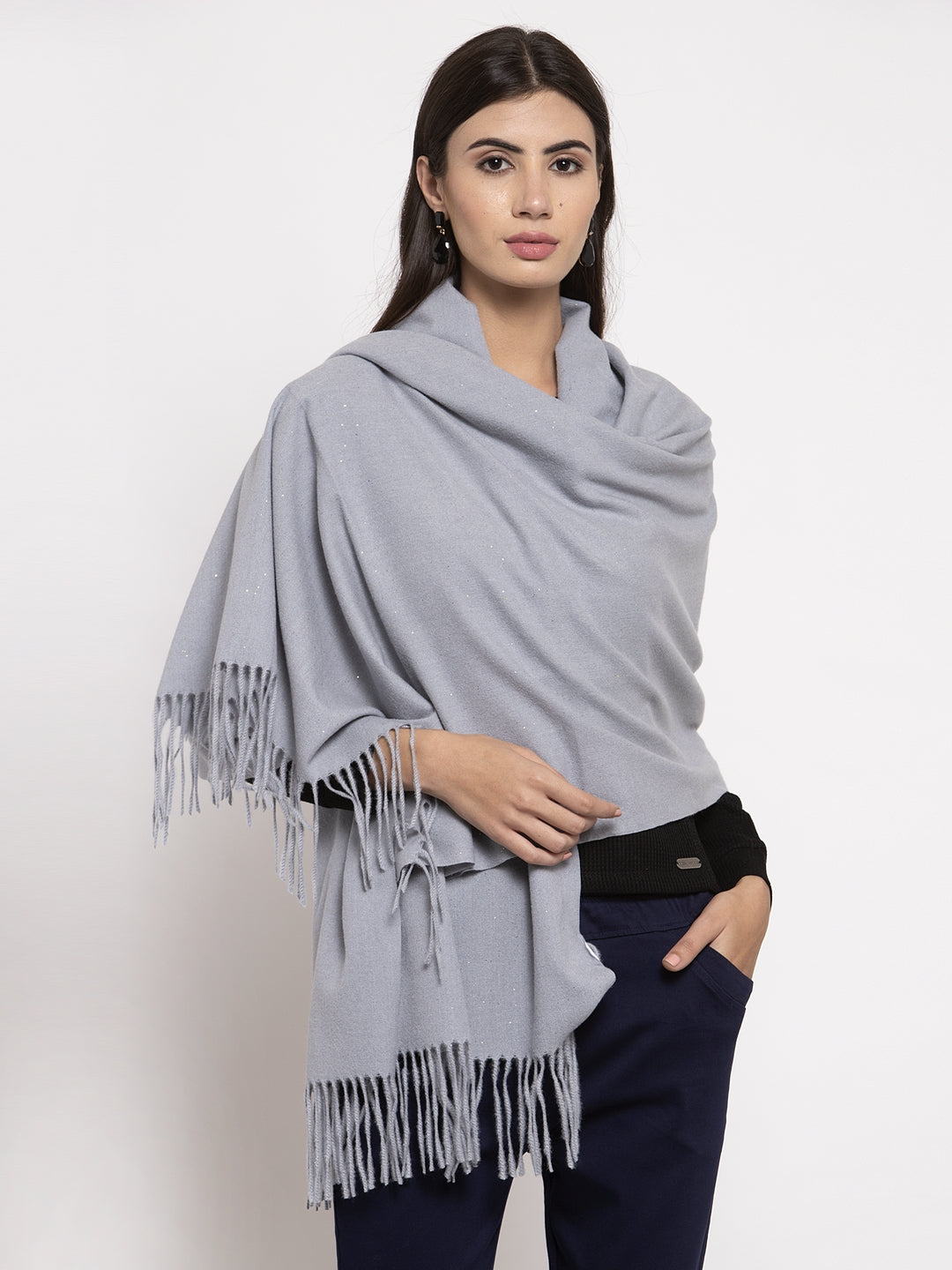 Women Grey Solid Soft Large Stole - Global Republic