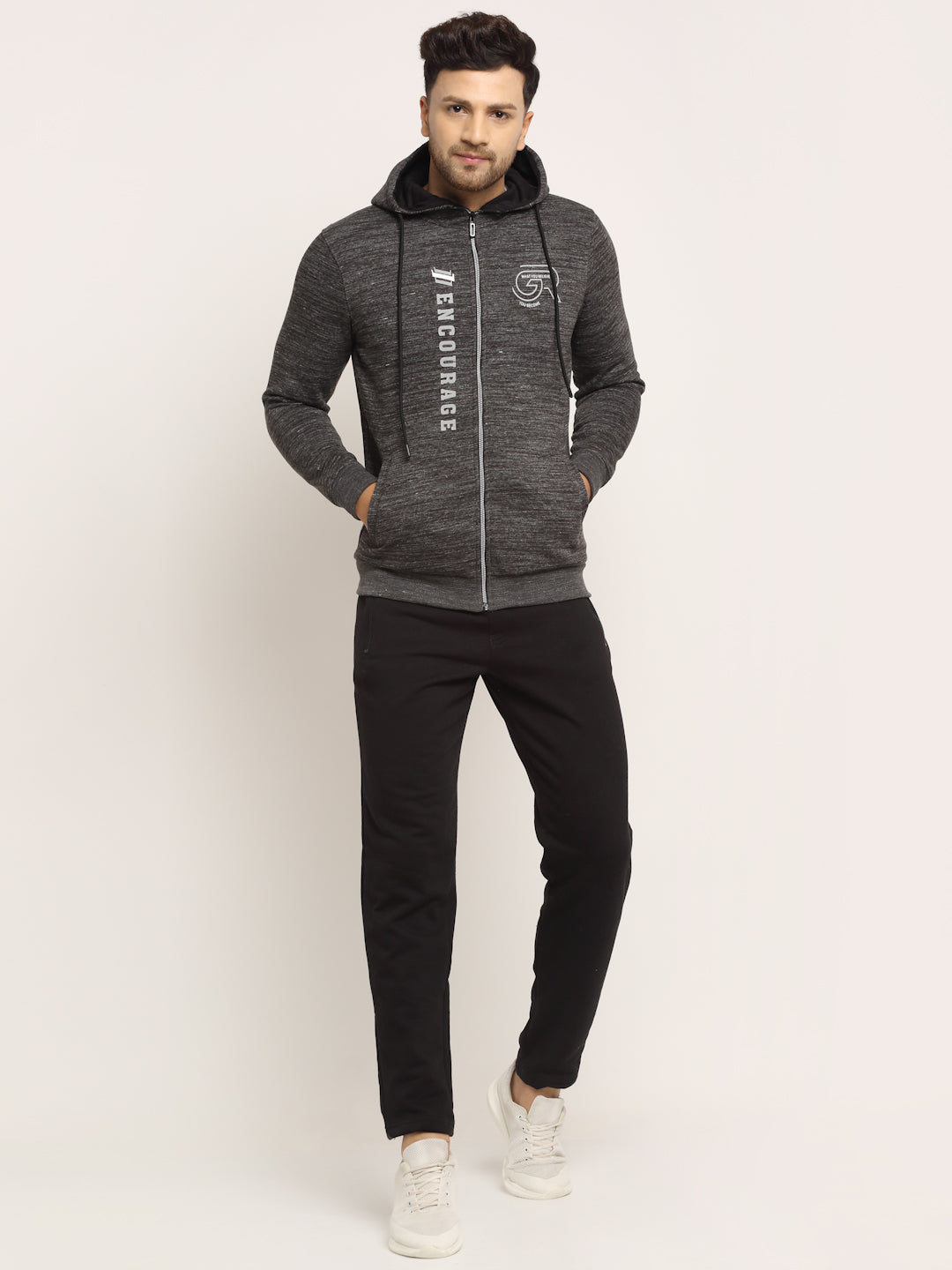 Men Black Hood Hosiery Solid Tracksuit