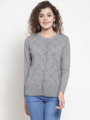 Women Solid Grey Woolen Round Neck Cardigan
