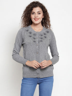 Women Grey Embroidered Round-Neck Cardigan