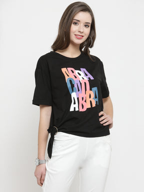Women Black Printed Knot Round Neck T-Shirts
