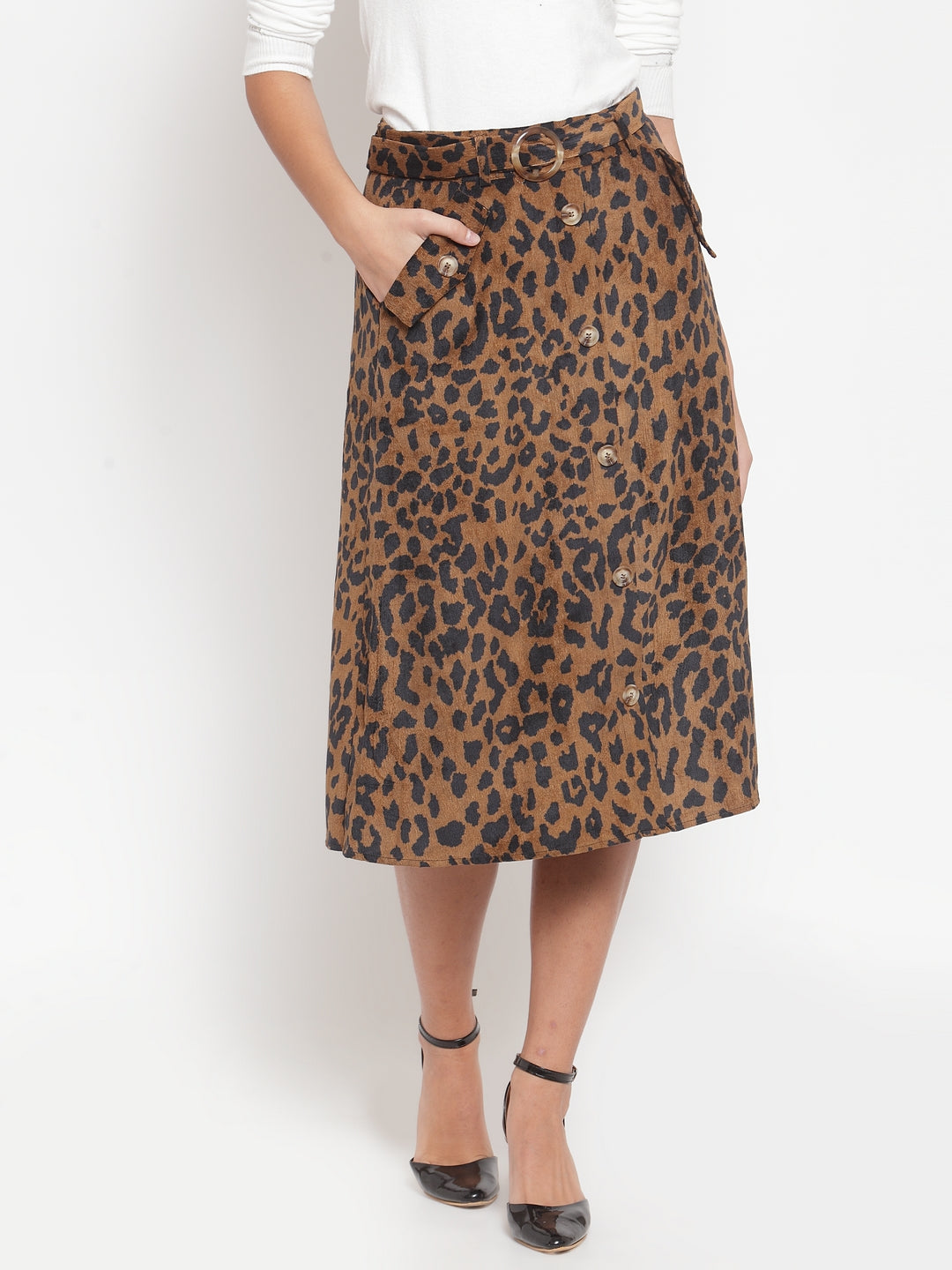 Women Solid Brown Cord Fabric Leopard Print Skirt