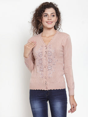 Women Beige V-Neck Embroidered Cardigan