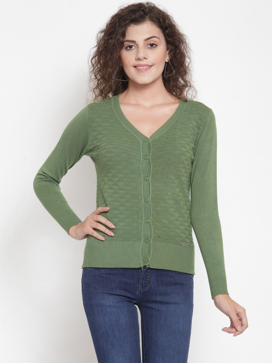 Women Solid Green Knitted  V-Neck Cardigan