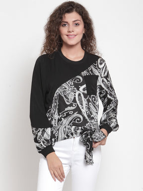 Women Black Block Printed Top With Round-Neck