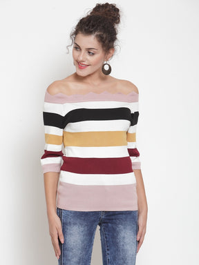 Women Striped Pink Off-Shoulder T-Shirt