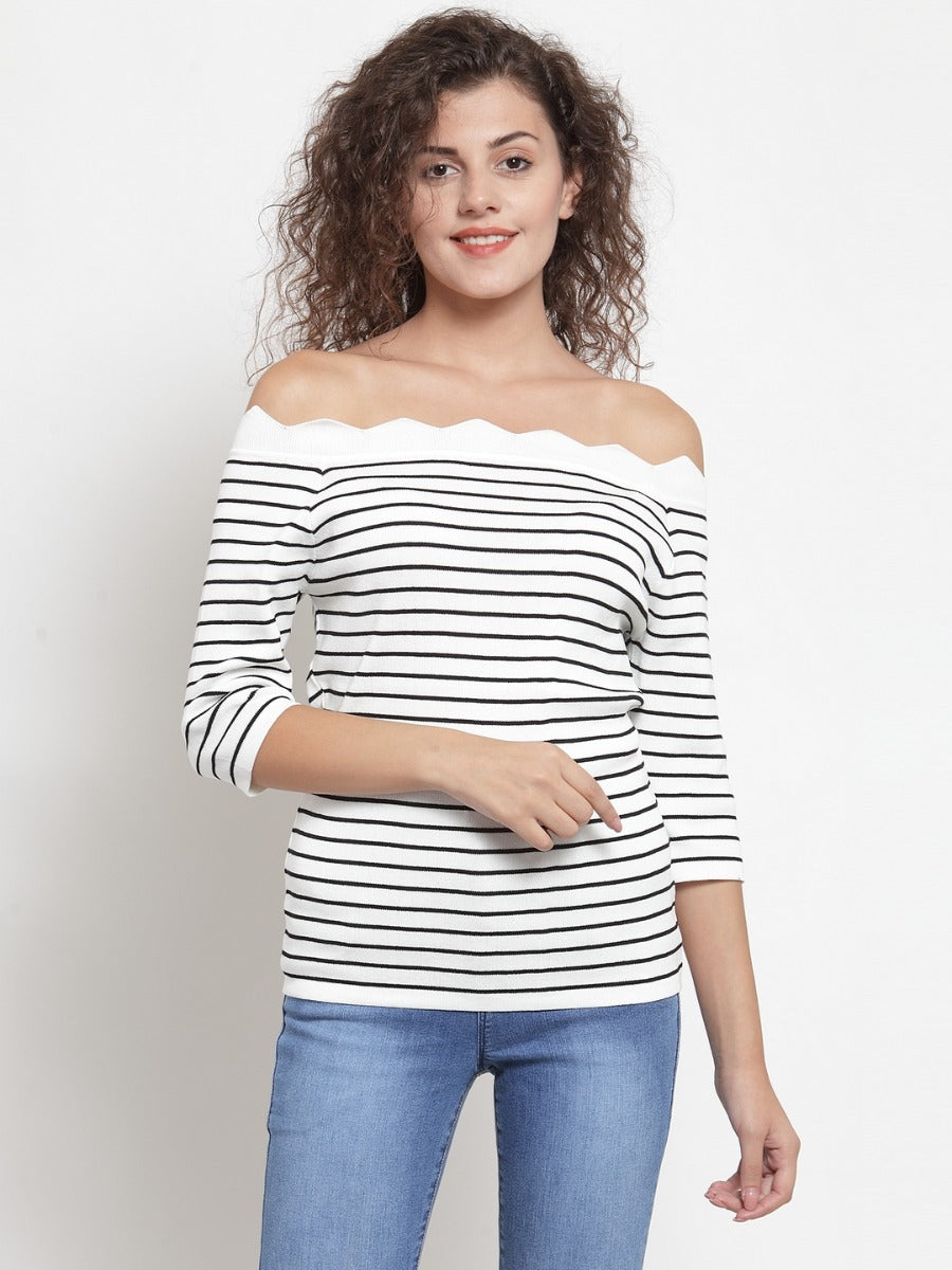 Women Striped Black Off-Shoulder T-Shirt