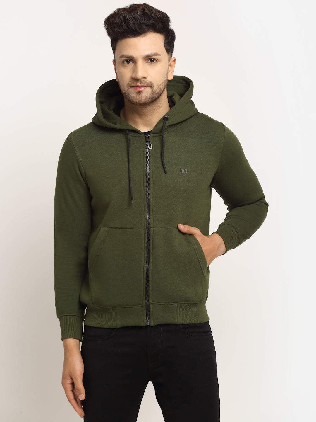 Men Olive Green Hosiery Solid Hooded Sweatshirt