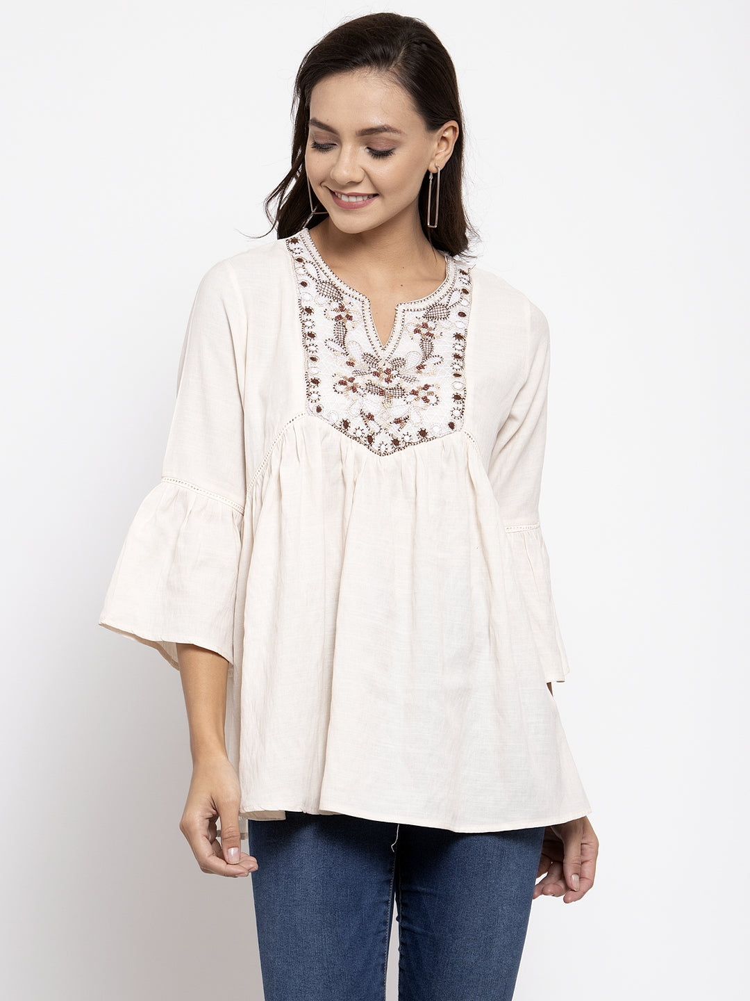 Women Peplum Embroidered Top With Crochet Details