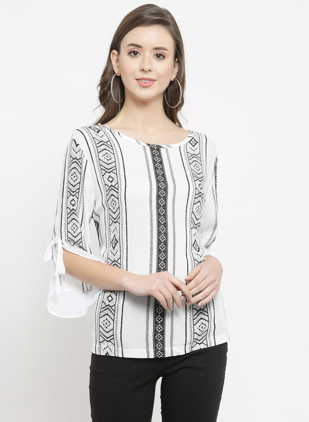 White Boat Neck Top With Printed Stripes