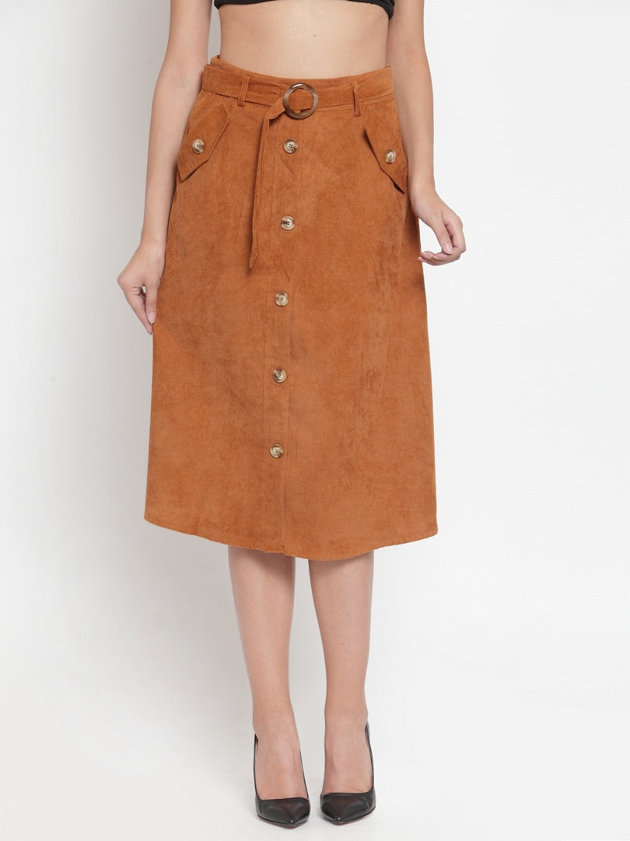 Women Solid Tan Cord Fabric Skirt