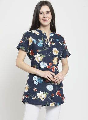 Women Printed Navy Blue Round Neck Top