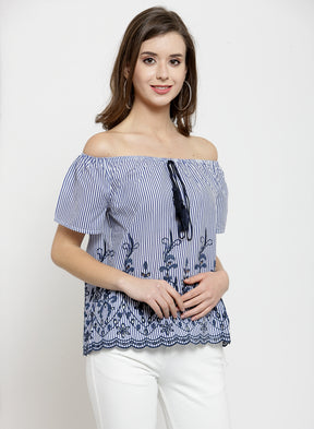 Women Embroidered Navy Blue Off Shoulder Top