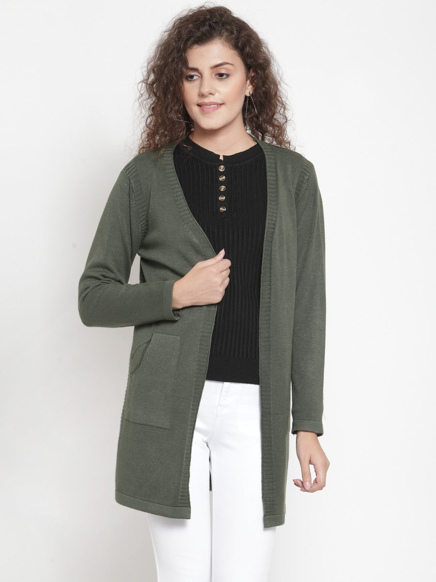 Women Olive Green Solid Open Front Shrug