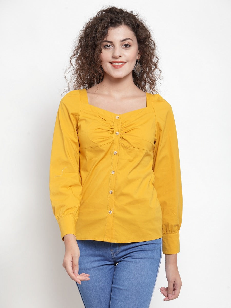 Women Solid Mustard Shirt With Court Neckline