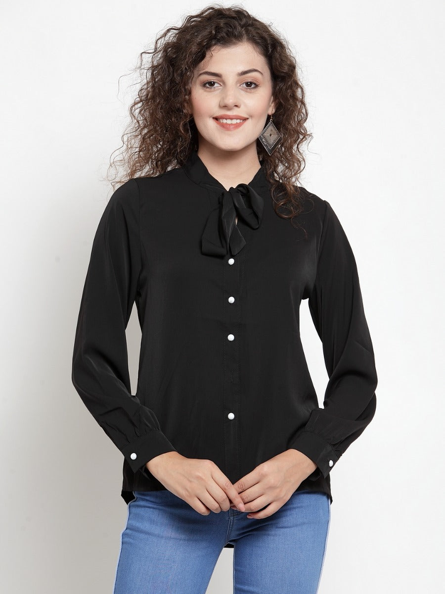 Women Black Shirt Blouse With Neck Tie