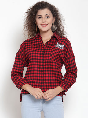 Women Red Checked Shirt With Embroidered Cat