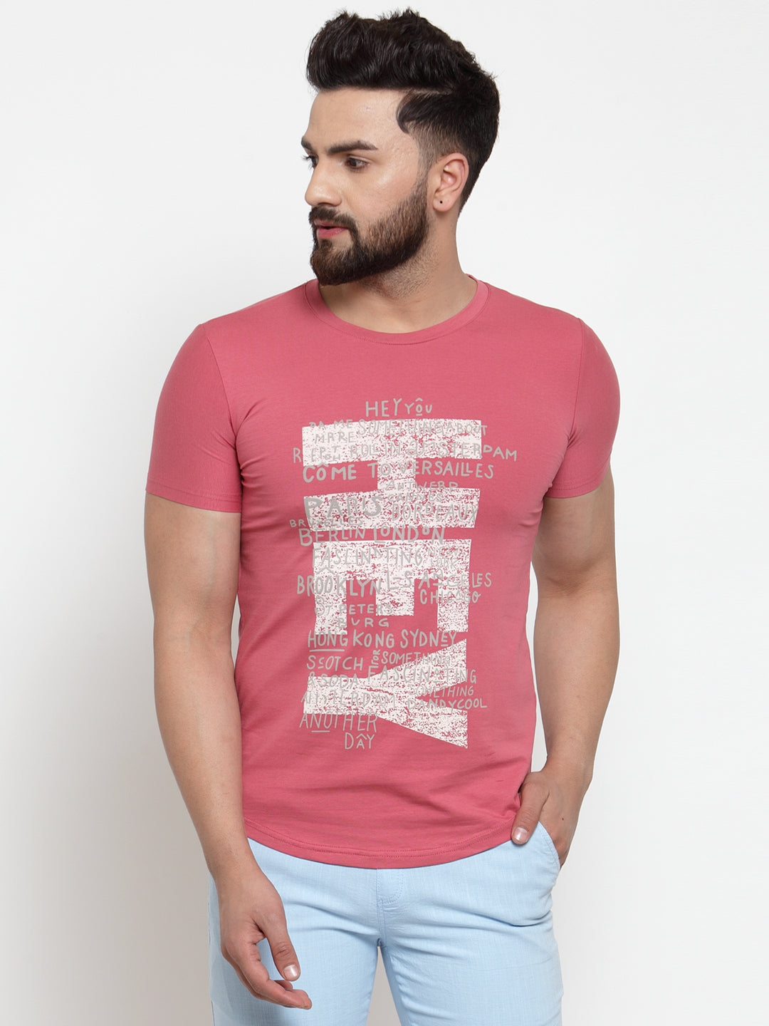 Mens Pink Hosiery Printed T-Shirt
