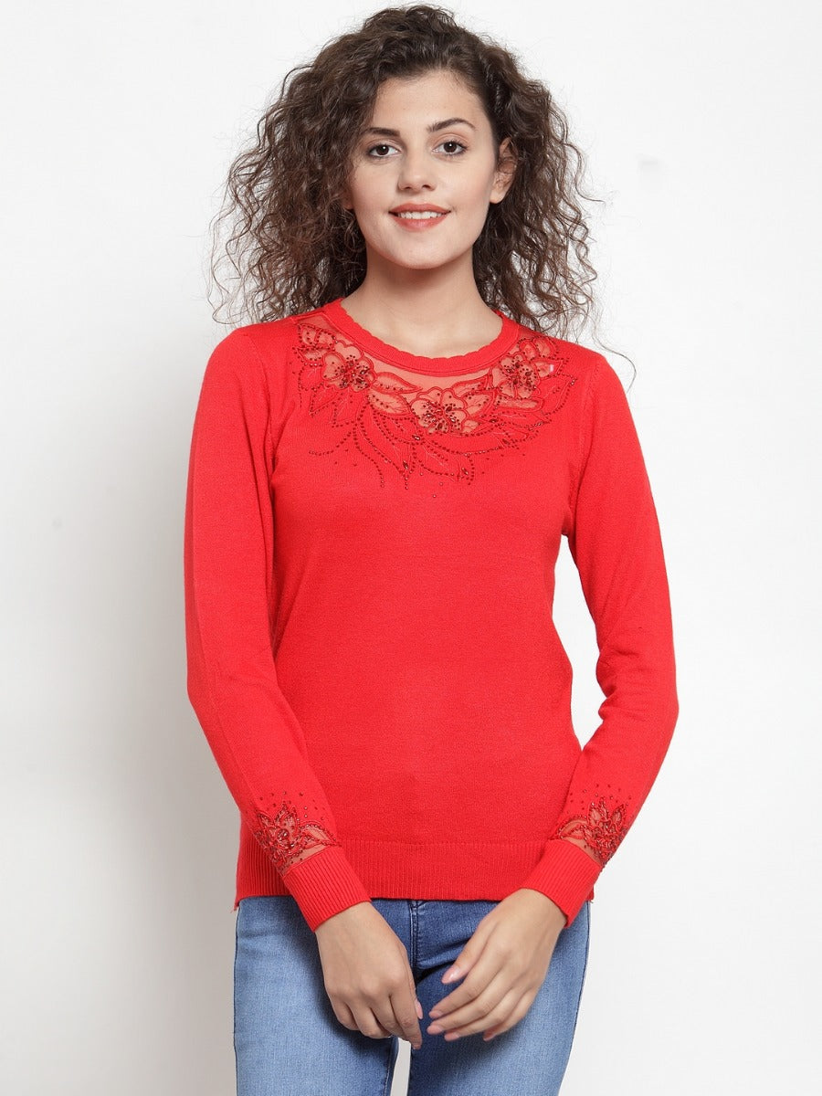 Buy  Solid Round Neck Pullover With Red colour