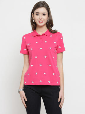 Women Pink Printed Collar Regular Fit T-Shirts