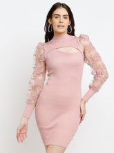 women pink knitted solid turtle neck dress