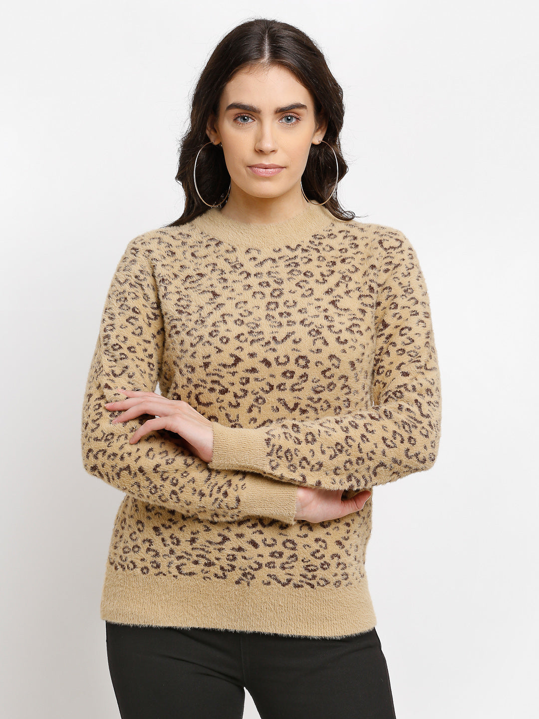 Women Beige Knitted Printed Round Neck Pullover