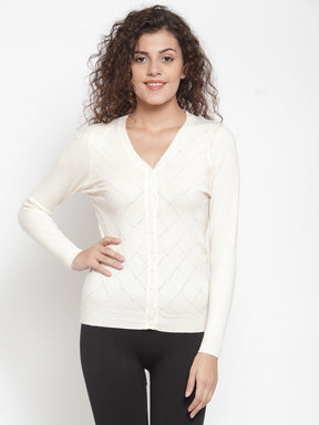 Women Solid Beige Cardigan With Pearls