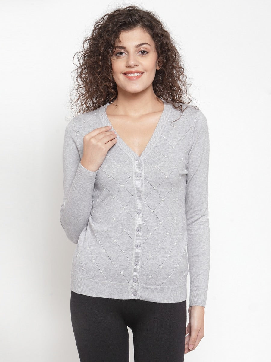 Women Solid Grey Cardigan With Pearls