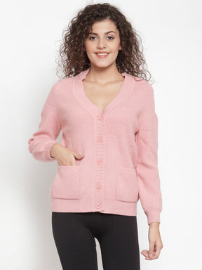 Women Solid Pink Cardigans With Pockets