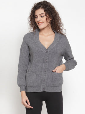 Women Solid Grey Cardigans With Pockets