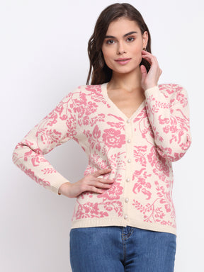 Best Pink V-Neck Printed KNIT Cardigan