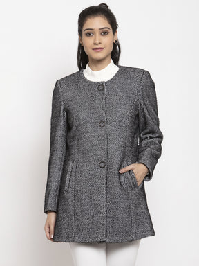 Women Black T-Neck Solid Coat