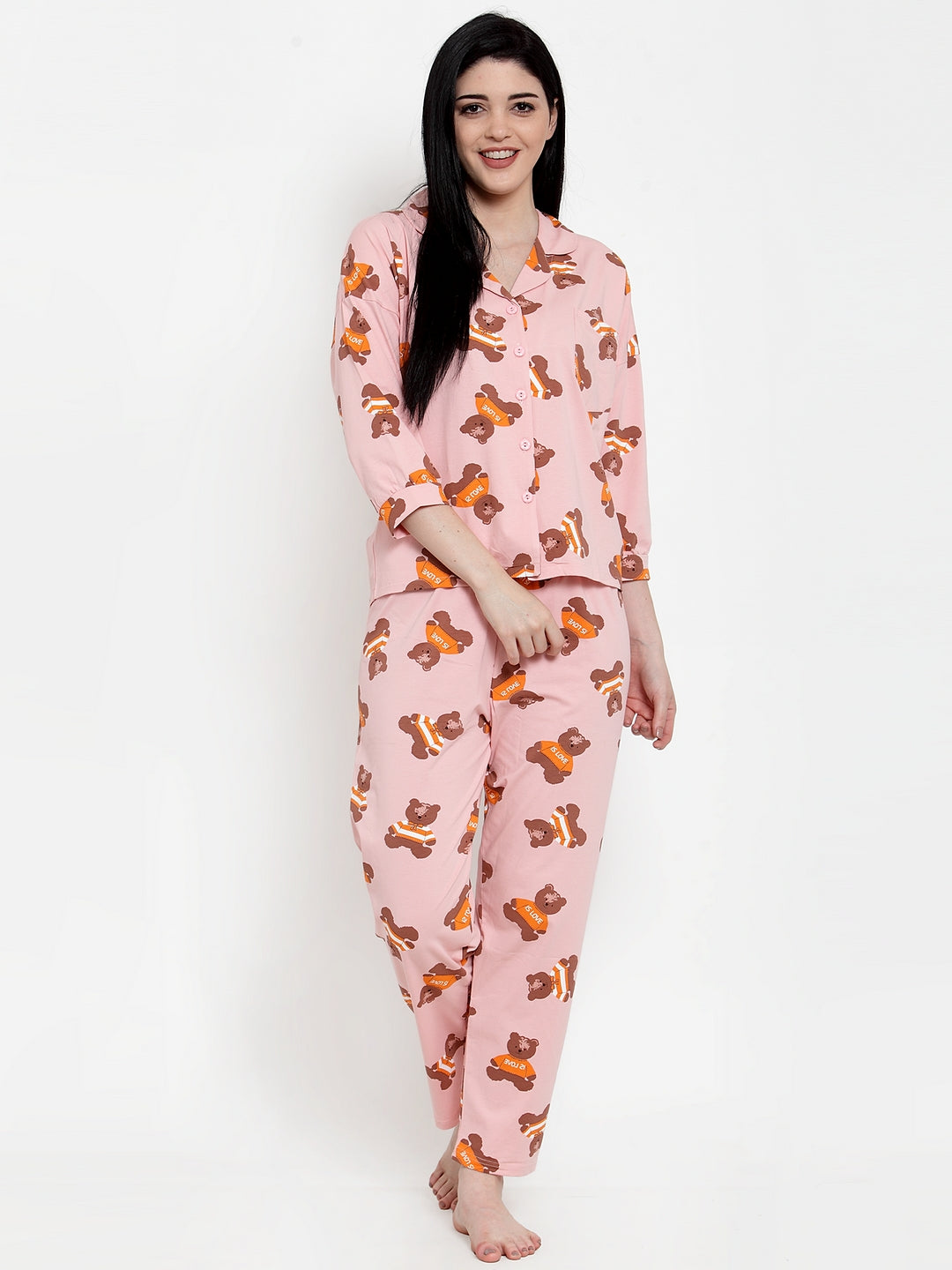 Women Pink Cotton Printed NightSuit