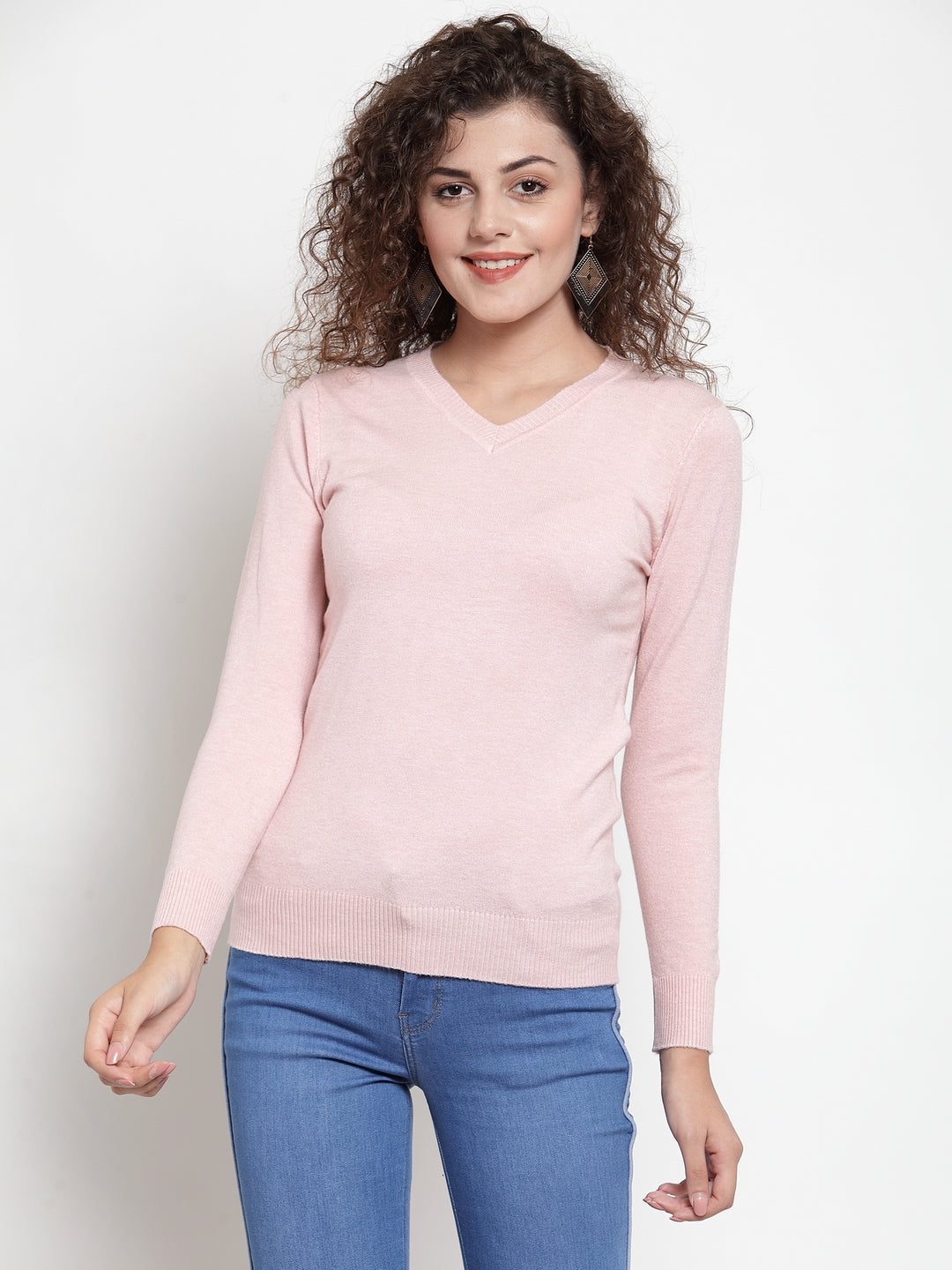 Women Pink V-Neck Full Sleeve Skeevi