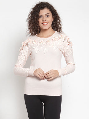 Women Peach Striped Pullover Sweater