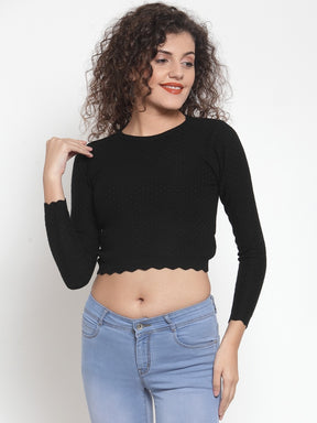 Women Solid Black Round Neck Pullover