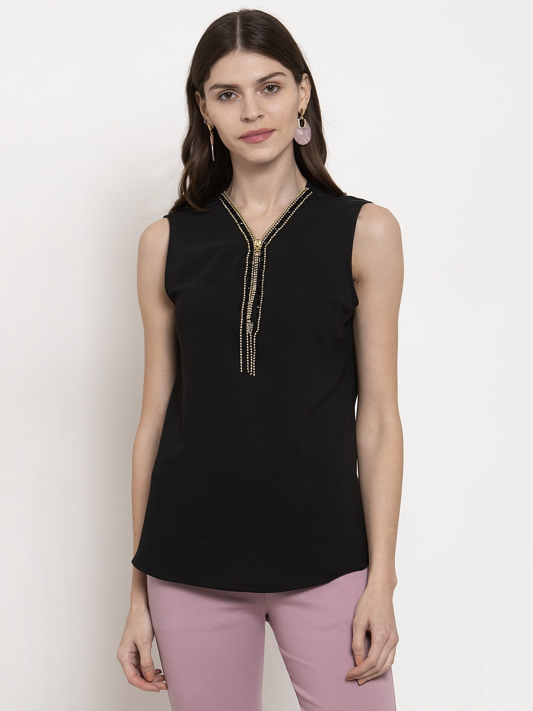 Women Straight Fit Sleeve-Less Black Top