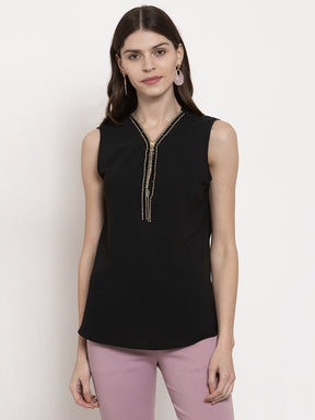 Women Straight Fit Sleeve-Less Black Top