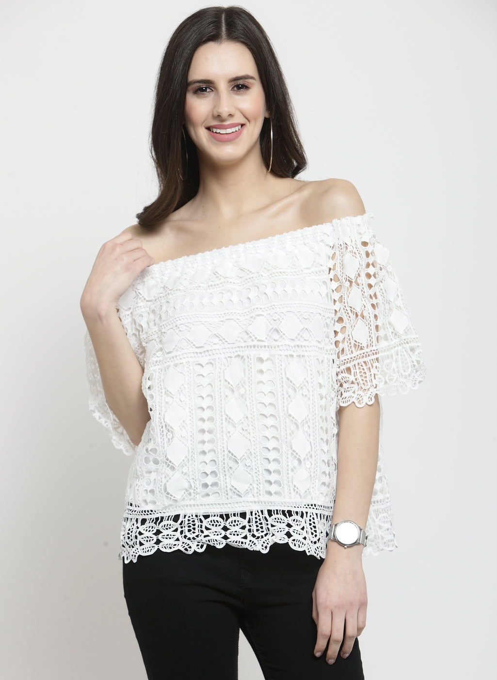 Women Off-White Top With Crochet Layer