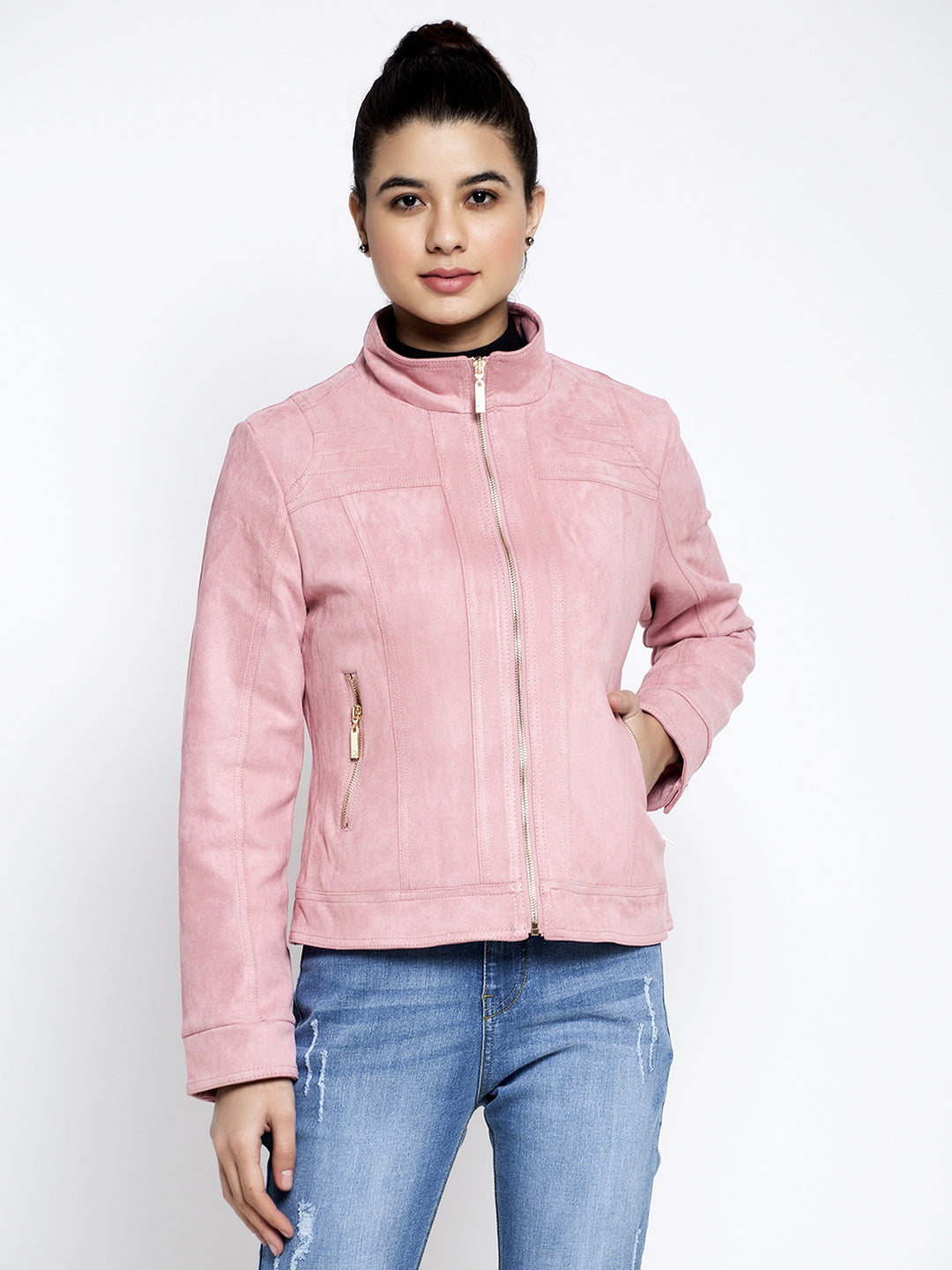Women Pink T- Neck Solid Jacket