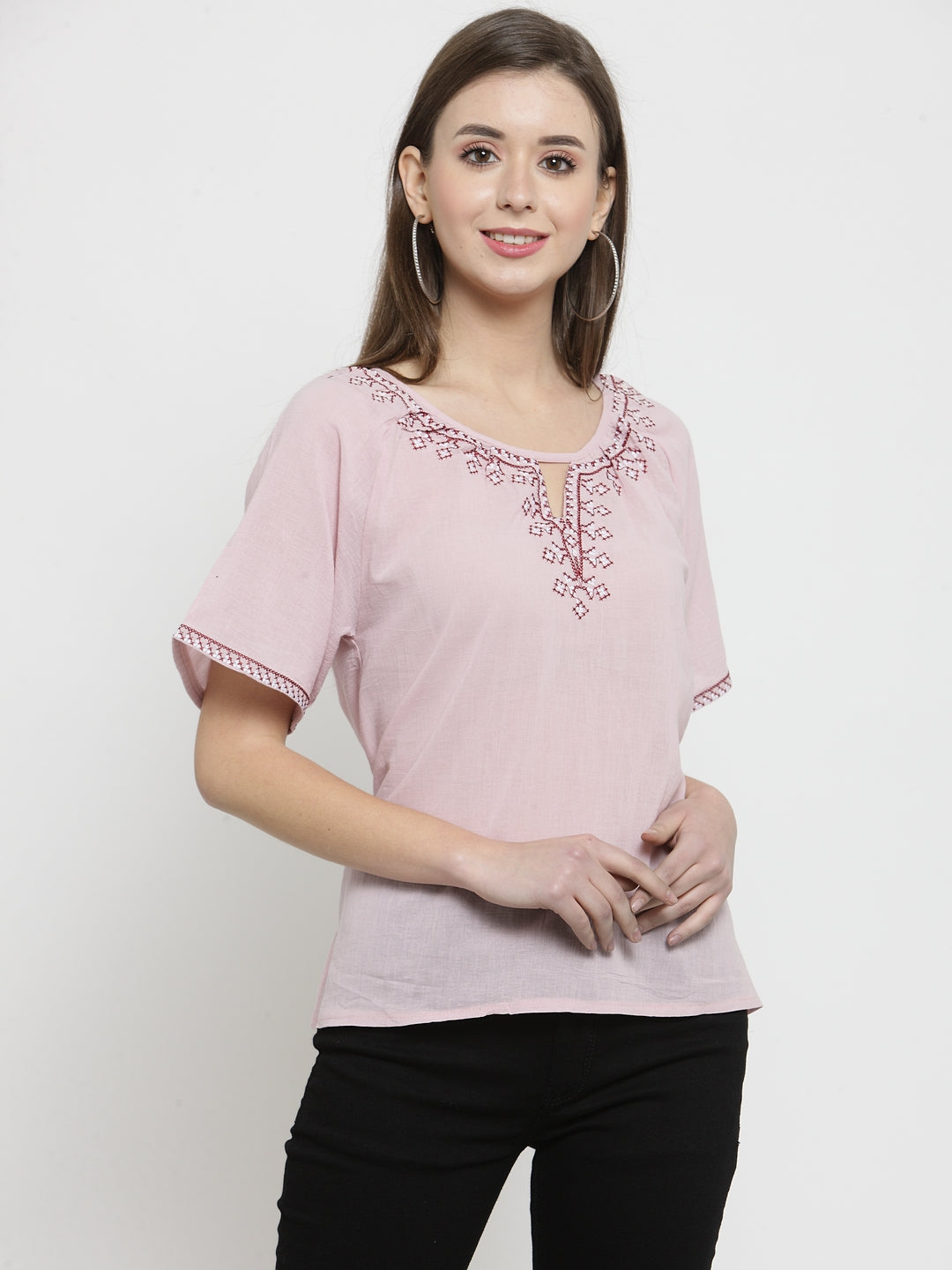 Women Pink Solid Round Embroidered Neck Top