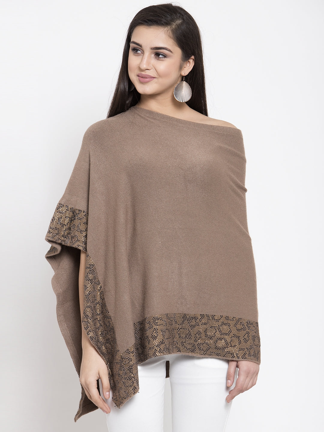 Women Khaki Oval Neck Loose Fit Printed Ponchu