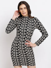 women black knitted printed turtle neck dress