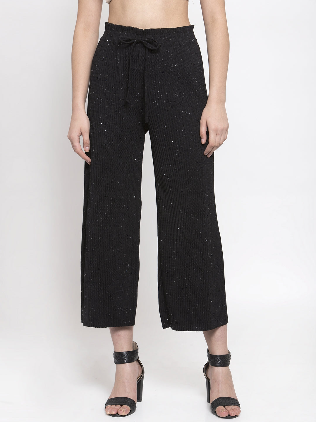 Women Black Relaxed Fit Flared Leg Ankle Length Lower - Global Republic