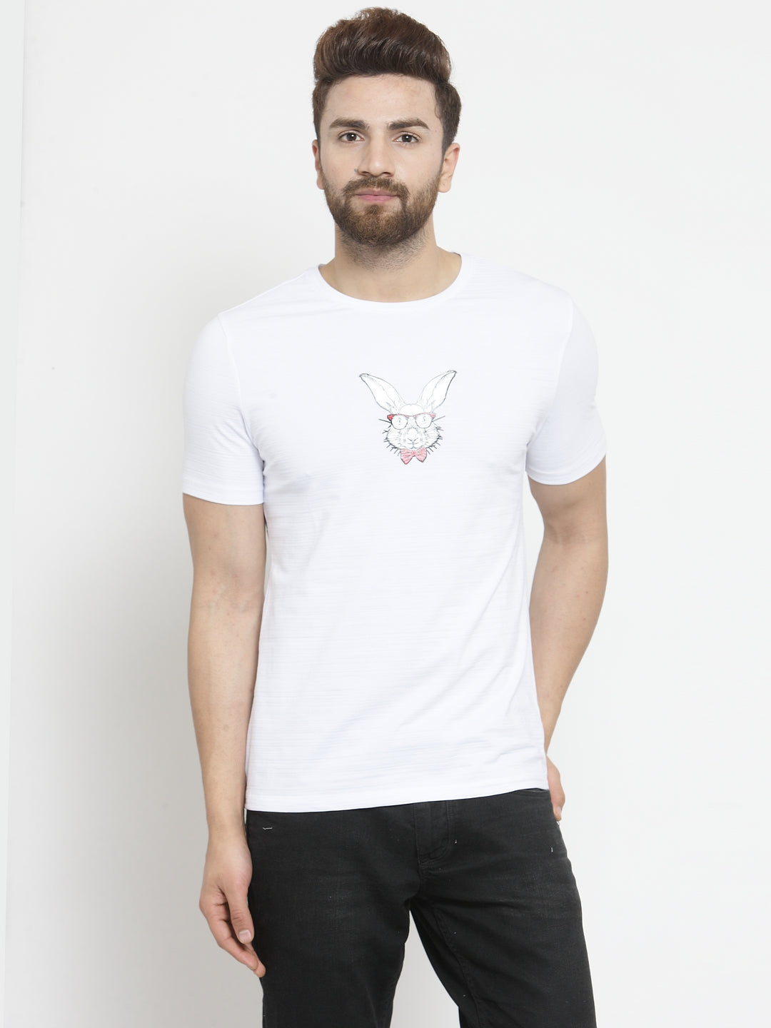 Men Nerd Bunny Animation Printed White T-Shirt